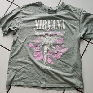 H&M X NIRVANA Sage Green Short Sleeve Tee with Pink Floral Angel Graphic